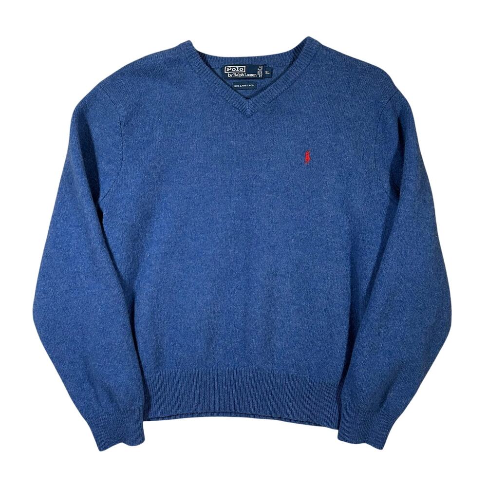 Vintage 90s Polo Ralph Lauren Lambs Wool Sweater Womens XL Pullover Blue V-Neck